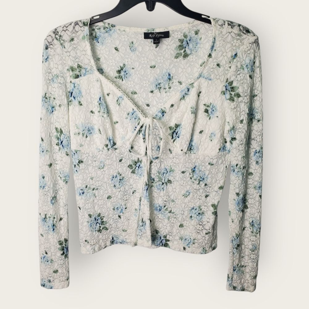 Self Esteem White Floral Lace Tie Front Long Sleeve Top Size Small